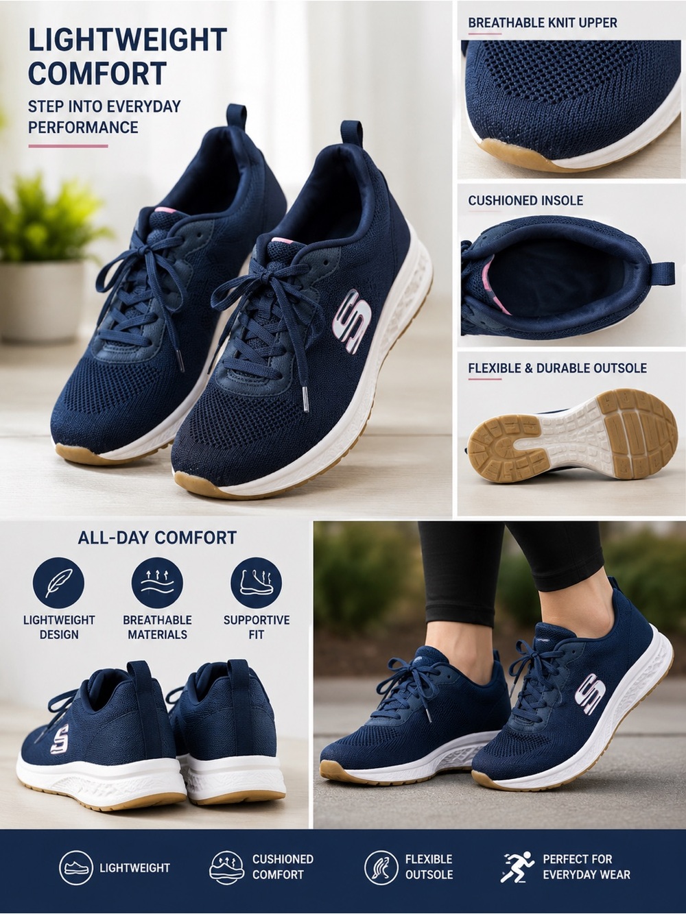 Skechers Men's Navy Knit Lace-Up Sneakers with White Sole